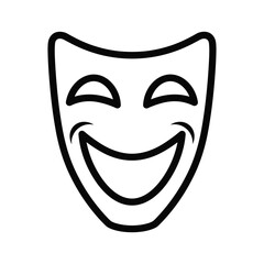 Smiling theatrical comedy mask icon in black outline, symbolizing happiness, performance, theatre, and entertainment.