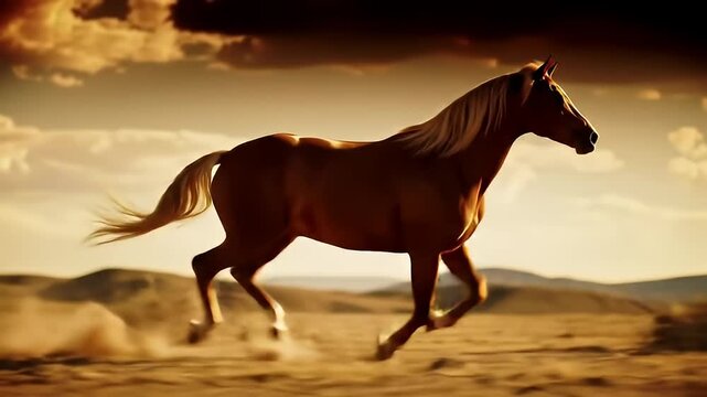 Silhouette illustration of a brown horse running at sunset in the desert with its mane and tail waving.