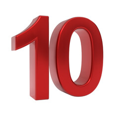 Bold red glossy three-dimensional number ten, digitally rendered as a significant isolated numerical object