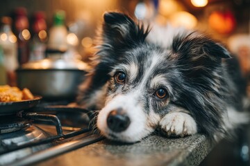 Australian Shepherd dog resting on modern kitchen countertop, blending pet lifestyle with home cooking and contemporary interior design themes