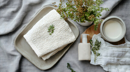 Fresh green tea and herbs rest on a wooden board alongside white towels and a candle for a clean spa beauty treatment in a soft bathroom setting focused on aromatherapy and healthy relaxation