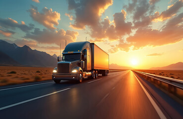 Large semi truck drives on highway at sunset. Freight transport moves on road through barren landscape with mountains in distance. Warm golden hour light.