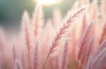 Fluffy pink pampas grass blooms in sunny field. Delicate bunny tails plant with soft focus glows in morning light. Beautiful dry flower with dreamy texture on blurred background. Abstract nature