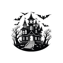 Haunted Halloween House Silhouette with Spooky Trees and Bats