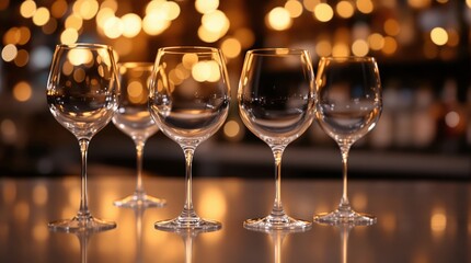 Five elegant wine glasses arranged on a reflective surface. Soft bokeh lights in the background create a warm atmosphere. Ideal for dining or celebration themes.