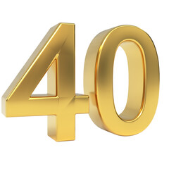 Luxury golden metallic three-dimensional number forty, digitally rendered as a premium and isolated numerical object