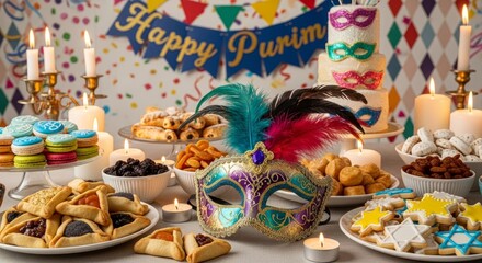 Colorful purim celebration with festive decor, candles, and traditional foods for holiday cheer