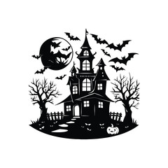 Haunted Halloween House Silhouette with Spooky Trees and Bats
