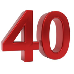 Bold red glossy three-dimensional number forty, digitally rendered as a significant isolated numerical object
