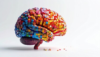 Vibrant Mosaic Brain Sculpture Composed of Colorful Cubes on a White Background