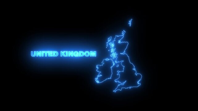 Glowing neon UNITED KINGDOM map, black Background Effect 4K Video. glowing neon text animation.