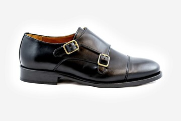 Classic buckle black leather shoes in a white background. 