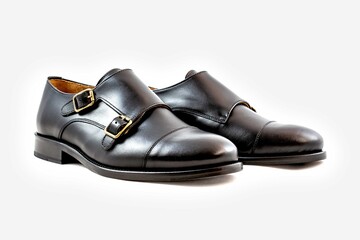 Classic buckle black leather shoes in a white background. 