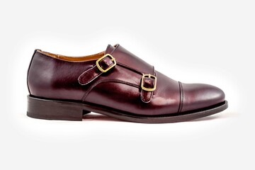Classic buckle burgundy leather shoes in a white background. 