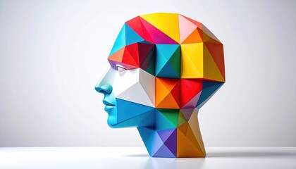 Abstract Geometric Human Head Sculpture with Vibrant Multi colored Facets
