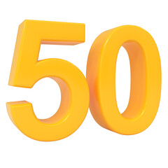 Bright yellow glossy three-dimensional number fifty, digitally rendered as a large and isolated numerical object