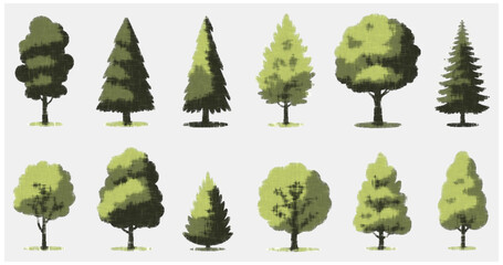 CAD tree line drawing, side view, set of graphics trees elements, tree sketches, silhouette tree vector element, detailed vector collection suitable for architects, landscape designers, garden plannin