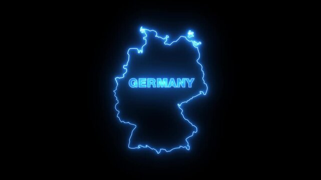 Glowing neon GERMANY map, black Background Effect 4K Video. glowing neon text animation.