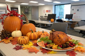 Thanksgiving Office Feast with Roasted Turkey and Pumpkins on Conference Table