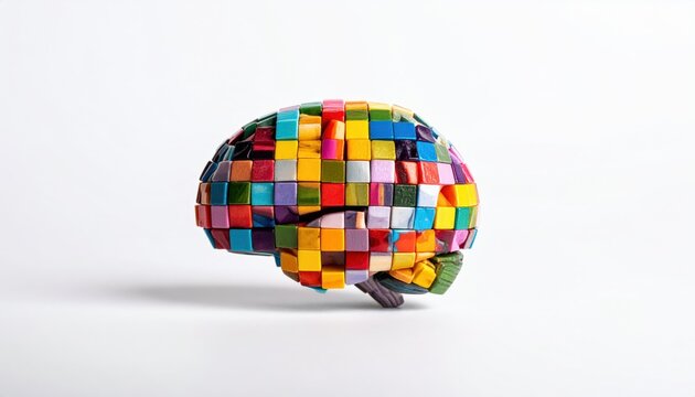 Colorful Mosaic Brain Sculpture on White Background Representing Diverse Thoughts