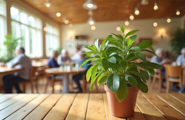Green plant stands on wooden desk in sunlit community center. Seniors gather at tables in background. People visit warm place for social support and enjoy friendly atmosphere in a safe space.