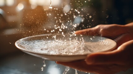 Washing Dishes by Hand in Soft Evening Light With Bubbles and Water Splashes