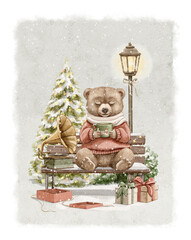Vintage cute little bear boy in clothes sitting on bench with  gift boxes, Christmas tree and street lamp drinking hot drink on beige paper background. Watercolor hand drawn illustration sketch