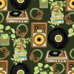 Seamless dj set  pattern with vinyl records, turntables, speakers, headphones, plants and books. Vintage cozy design perfect for textiles, stationery, wrapping paper and home decor.