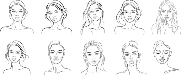 Drawing of a female Face front view line art collection, outline sketch, line art design on white background.