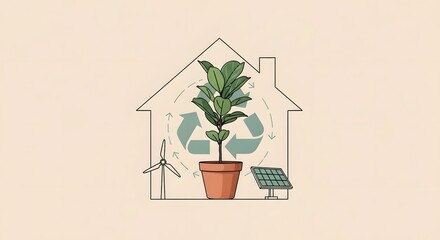 Sustainable living concept with house plant, recycling symbol, solar panel, and wind turbine for eco-friendly homes and green energy initiatives