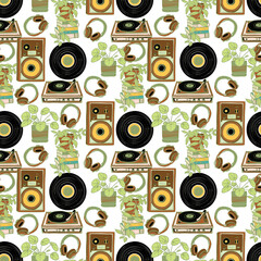 Seamless dj set  pattern with vinyl records, turntables, speakers, headphones, plants and books. Vintage cozy design perfect for textiles, stationery, wrapping paper and home decor.