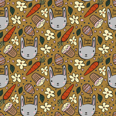 Seamless Easter pattern with bunnies, carrots, eggs, cupcakes, flowers, hearts and leaves. Spring festive design perfect for textiles, wrapping paper, packaging, crafts, kids products and stationery.