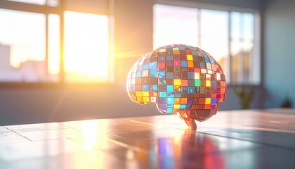 Conceptual Brain Sculpture Made of Colorful Mosaic Tiles on a Wooden Surface Under Sunlight