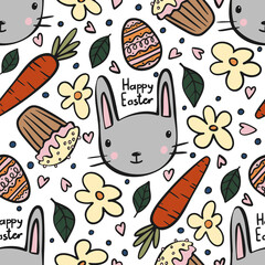 Seamless Easter pattern with bunnies, carrots, eggs, cupcakes, flowers, hearts and leaves. Spring festive design perfect for textiles, wrapping paper, packaging, crafts, kids products and stationery.