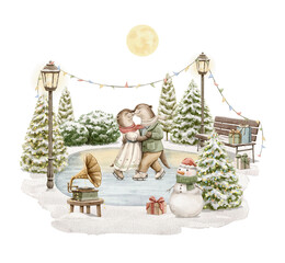 Christmas vintage cartoon cute pair couple of otters animals in clothes skates in winter landscape park with ice rink isolated on white background. Watercolor hand drawn illustration sketch