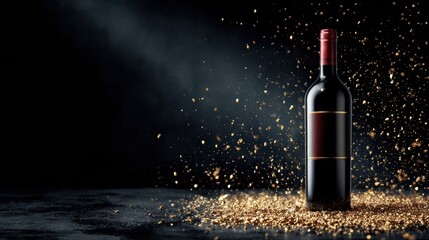 Premium Red Wine Bottle on Glossy Black Surface With Gold Particles Creating a Luxurious Cinematic Scene