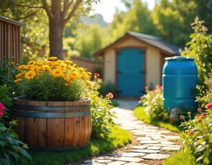 Obraz premium Sunny garden with blooming yellow flowers in wooden barrel planter and blue rain barrel for water conservation. Small shed and stone path create idyllic backyard scene for eco living.