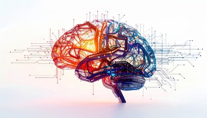 Abstract Digital Brain with Neural Network Connections in Vibrant Colors