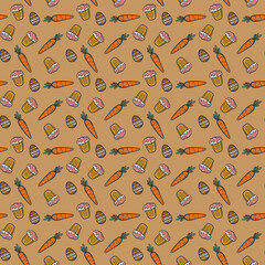 Seamless Easter pattern with carrots, cupcakes and decorated eggs. Fun holiday design ideal for textiles, packaging, wrapping paper, crafts, kids products and festive stationery.