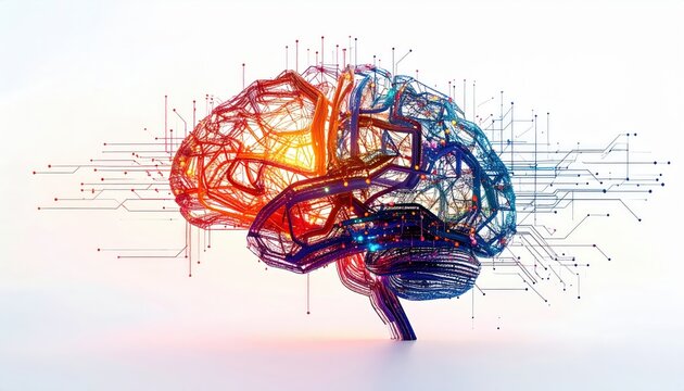 Abstract Digital Brain with Neural Network Connections in Vibrant Colors