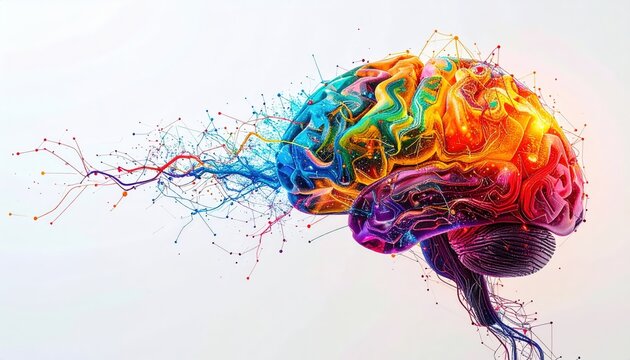 Vibrant Abstract Human Brain Art with Neural Network Connections and Colorful Splatters