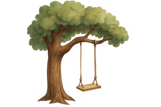 Tree swing hanging from a branch, symbolizing childhood, fun, outdoor play, nature, and summer memories