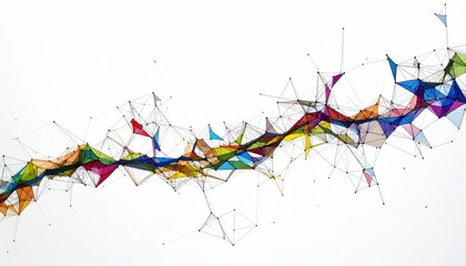 Abstract Network of Colorful Geometric Shapes Connected by Lines and Dots