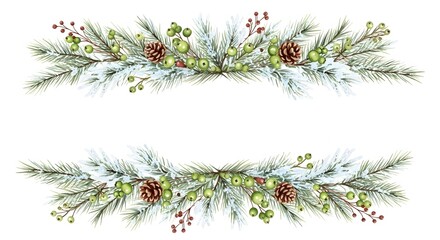 Festive winter holiday garland with snow covered pine branches and red berries for christmas decoration