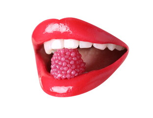 Woman with beautiful color lips holding raspberry candy in her mouth on white background, closeup
