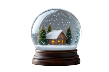 Snow Globe with Cozy Winter Cabin and Falling Snow on White Background