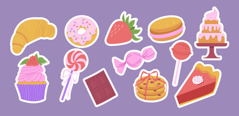 Sweets stickers set. Cookies, piece of pie, donut, candy, chocolate, cupcake, cake. Flat vector illustration.