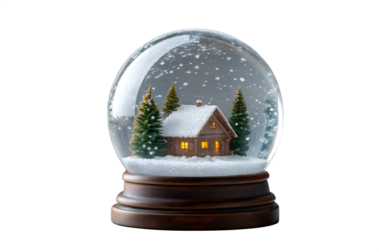 Snow Globe with Cozy Winter Cabin and Falling Snow on White Background