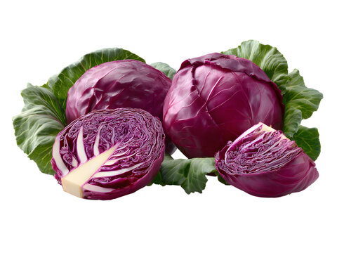 Captivating Still Life of Red Cabbage Heads and Halves on Transparent Backdrop Fresh Red Cabbage, Vegetable Composition, Food Photography, Natural Ingredients, Healthy Eating Concept