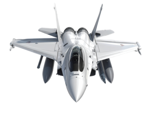Angled Top-Down View of Armed Military Jet, white Camouflage, Isolated on Transparent Background